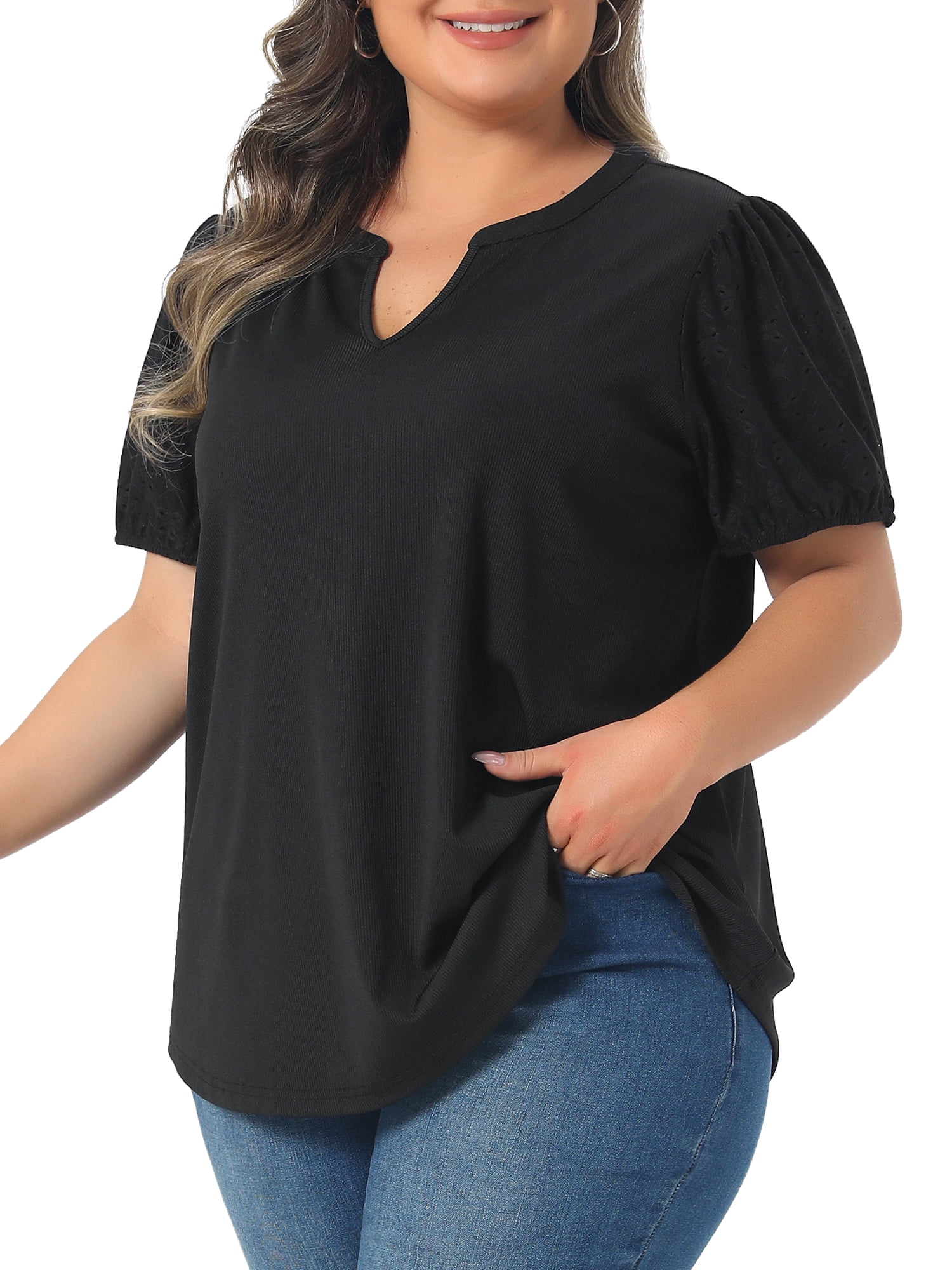 DARING DIVA Women's Plus V Neck Puff Sleeve Tops Blouse 4X Black