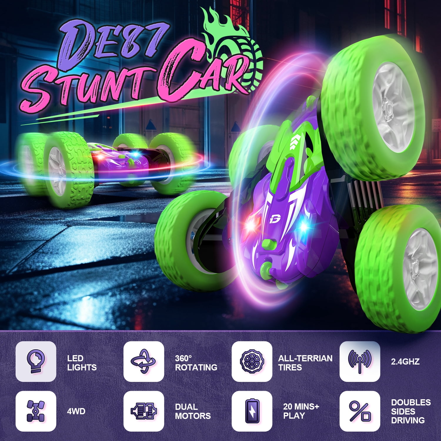 DEERC Remote Control Car, Double-Sided Driving RC Stunt Cars, 360° Spin 4WD Off-Road Car W/Dual Motors LED 2.4GHz Indoor/Outdoor Toy for Boys Age 4-7