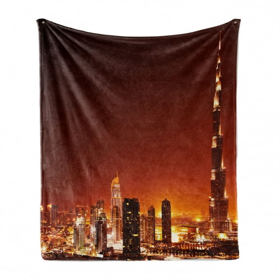 Landscape Soft Flannel Fleece Throw Blanket, Dubai Downtown with Cityscape Skyscrapers Sunset Middle East City Photo, Cozy Plush for Indoor and Outdoor Use, 50" x 70", Multicolor, by Ambesonne