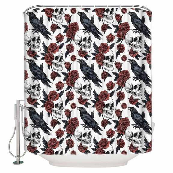Shower Curtains for Bathroom-72"x72",Crow Skull Halloween Waterproof Bath Curtain Grommet Shower Curtain Set with Hooks,Red Rose Flowers Washable Bath Accessories