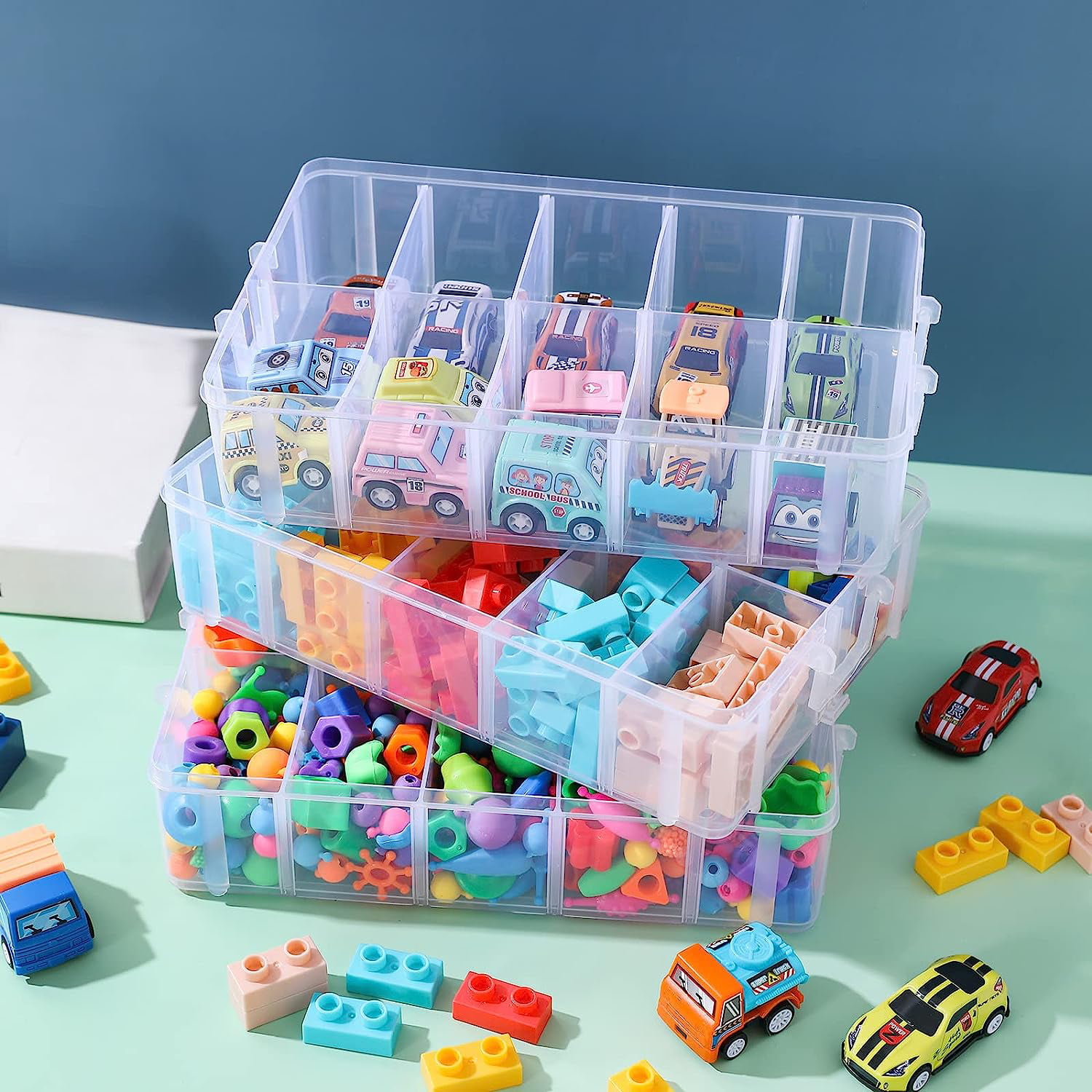 3-Tier Stackable Craft Organizers and Storage Box with 30 Compartments,Bead  Organizer,Plastic Storage Box for Toys,Dolls, Arts and Craft, Washi Tape,  Rock Collection, Ribbons,Blue 