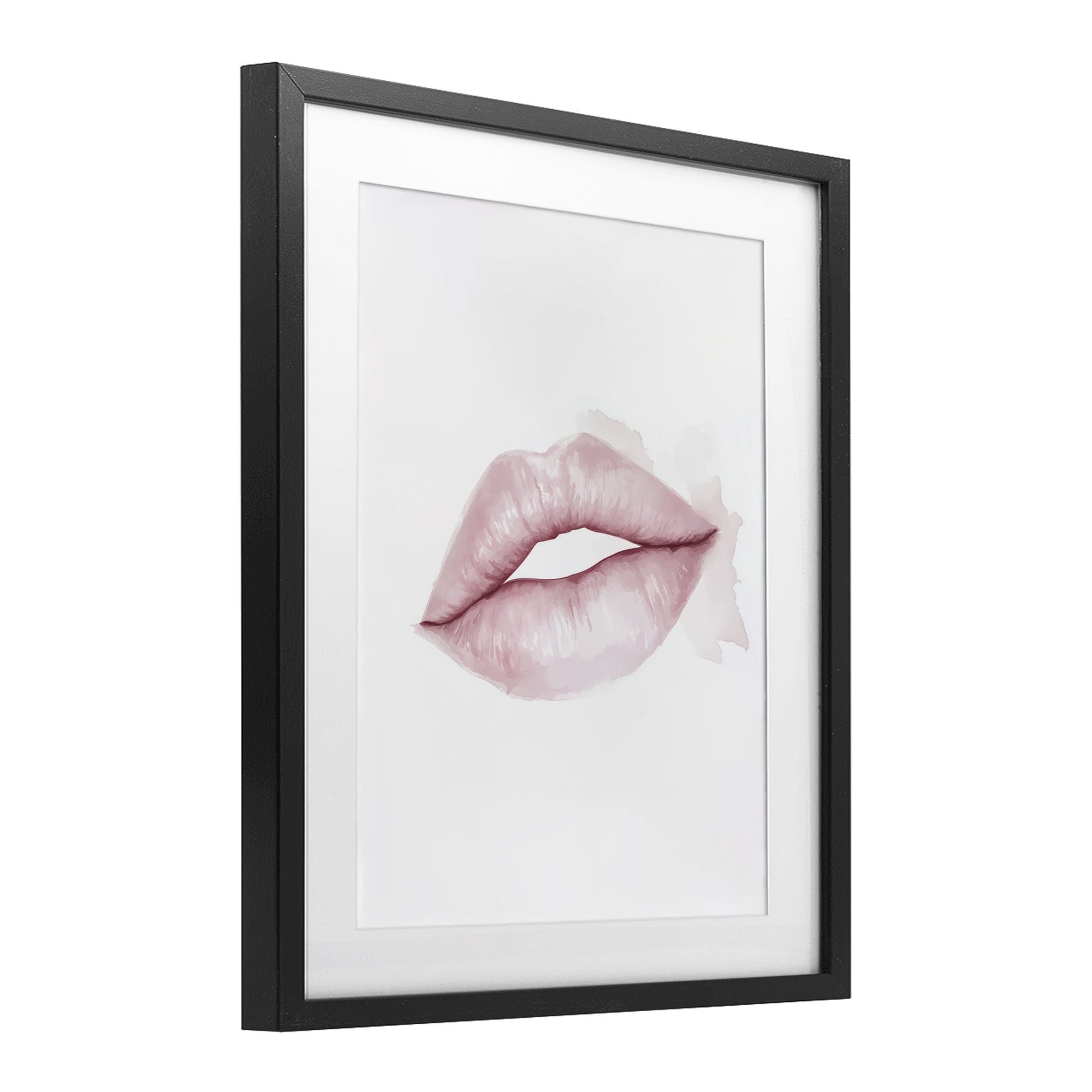Pink Lips Watercolor Black Framed Print Under Glass, design by Christine Simpson Art