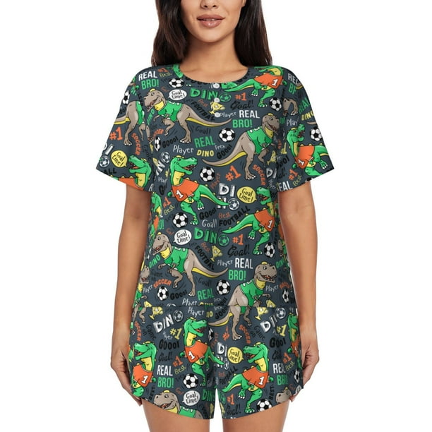Fotbe Dinosaur Plays Soccer Conjunto de Pijama Estampado para Mujer, 2 Piezas, Ropa de Dormir con Camiseta de Manga Corta y Shorts Suaves-XX-Large