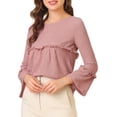 thumbnail image 5 of Allegra K Women's Ruffle Hem Top Textured Round Neck Bell Long Sleeve Blouse M Dusty Pink, 5 of 6