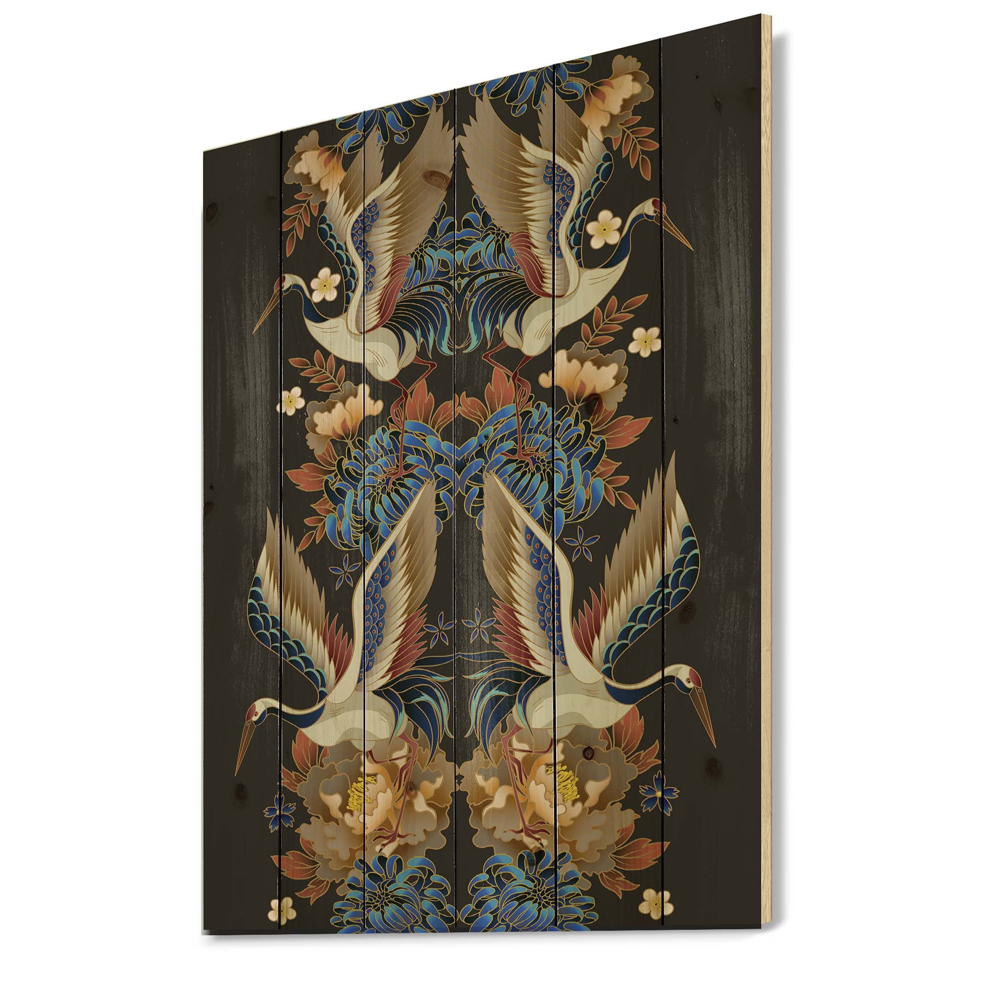 Designart 'Chinoiserie With Peonies and Birds IX' Traditional Print on Natural Pine Wood