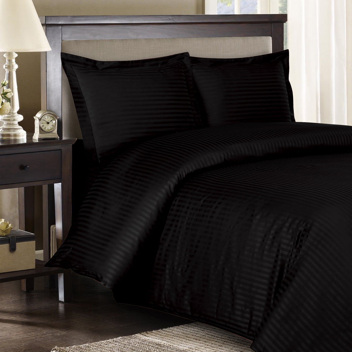 100 Cotton Duvet Cover Sets 300 Thread Count Damask Striped Twin/Twin XL Black