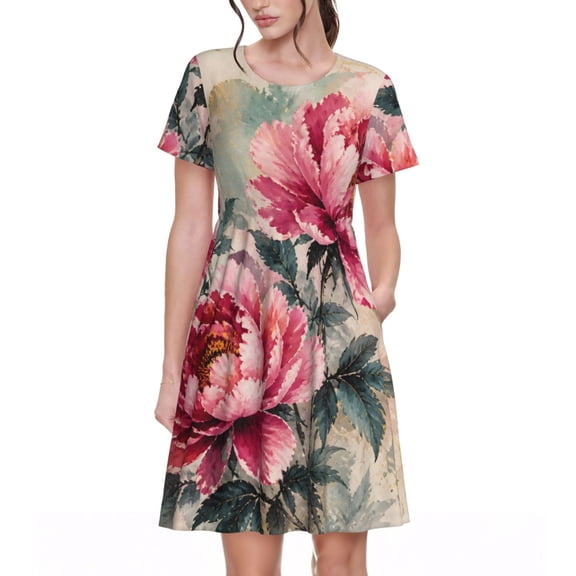 Peony Floral Dresses Short Sleeve Nightdresses for Women