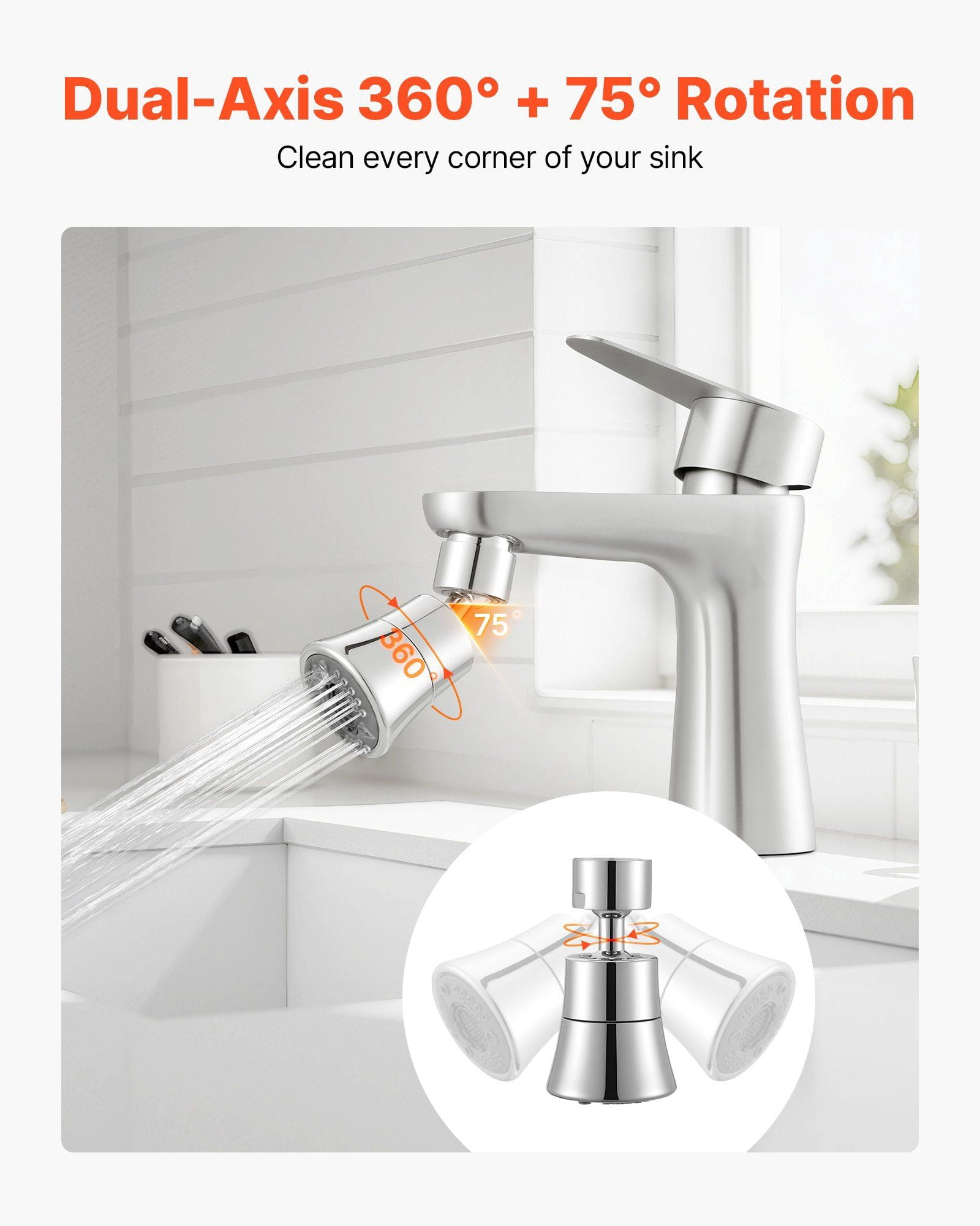 360° Swivel Kitchen Faucet Aerator with 5 Spray Modes, Anti-Splash Adapter, Universal Brass Fitting for Standard Kitchen Sinks