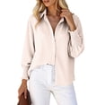 thumbnail image 2 of Zpanxa Womens Button Down Shirt Striped Smocked Cuffs Loose Fit Casual Long Sleeve Collared Blouses with Pocket, 2 of 5