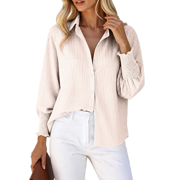 ClodeEU Women's Lapel Collar Button Down Striped Long Sleeve Shirt,Casual Loose Blouse ,Women's Plus L