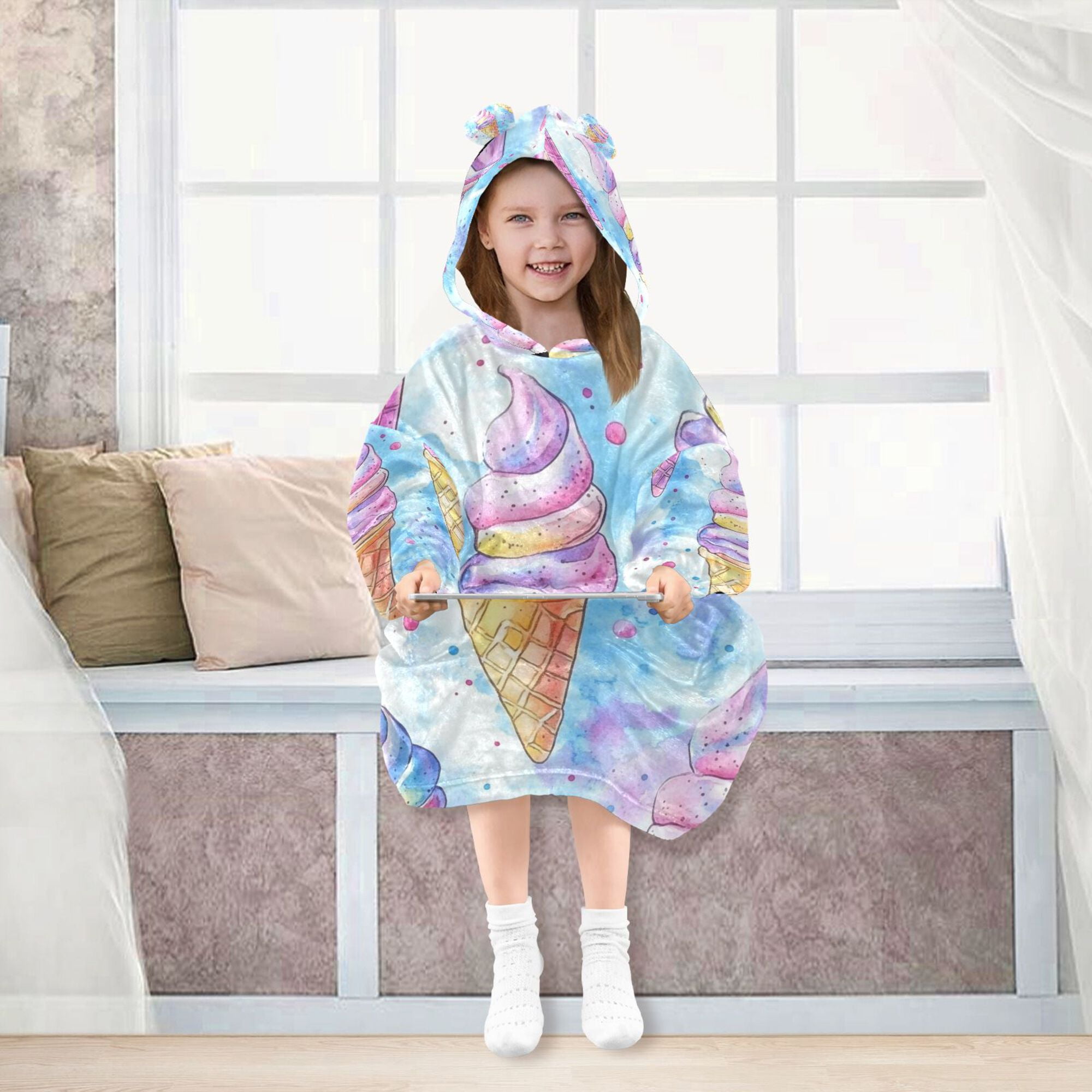 FORMRS Wearable Blanket Hoodie with Sleeves for Kids Cozy Flannel Sweatshirt, Watercolor Ice Cream Pattern