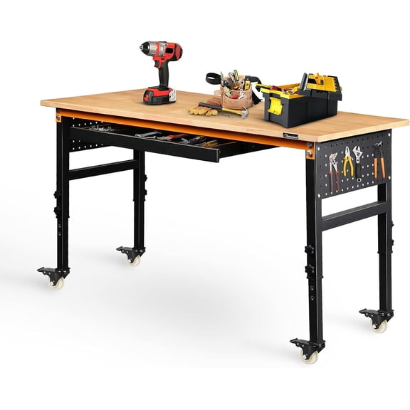 Tolead 60" Heavy-Duty Adjustable Rubber Wood Workbench, Wheels & Double Pegboards & Drawer