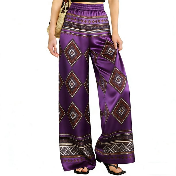Pantalones Elásticos Estampados de Satén para Mujeres, Cintura Elástica con Bolsillos, Pantalones Casuales Elegantes para Vacaciones Y Fiesta