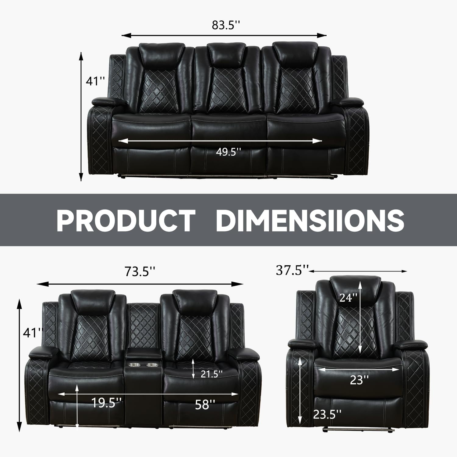 PonLiving Leather Power Recliner Sofa Set LED Lights USB Chargers Black Leather Living Room Furniture SOFA