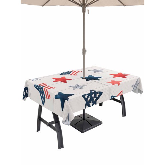 Outdoor Tablecloth with Umbrella Hole for Patio/Picnic/Party/Camping, 4th of July Star Cute Waterproof Table Cloth Rectangle Table Cover Washable, Wooden Striped Farmhouse (52"x 70")