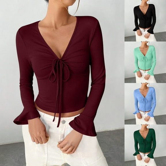 HVOBTTY Womens Long Sleeve Pullover T Shirt, Fall Tops for Women, Women's Casual Fashion Solid Color V Neck Flare Sleeve Drawstring Knit Going Out Top Mint Green, XL