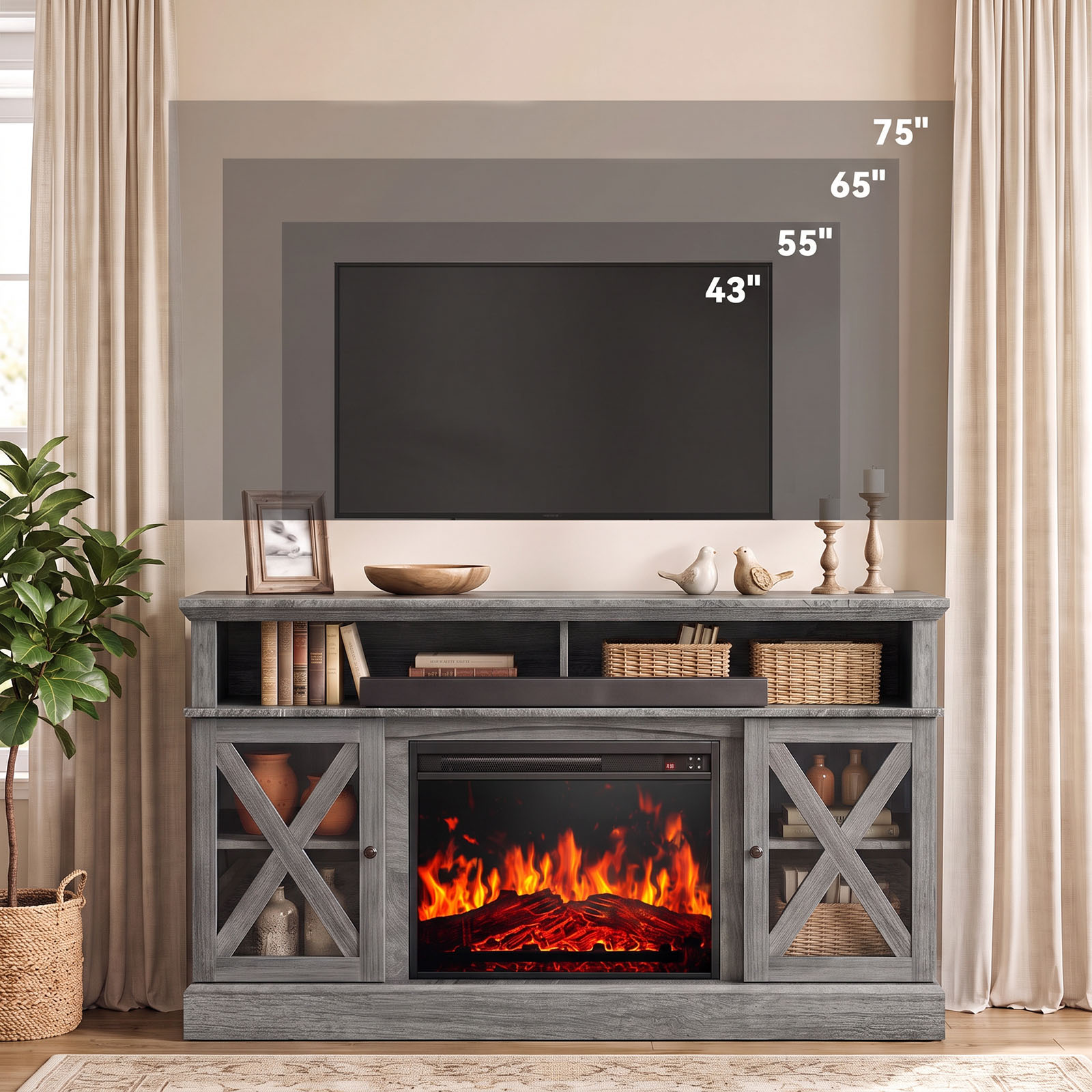 Chitooma 75" Farmhouse Electric Fireplace TV Stand, Gray photo 8