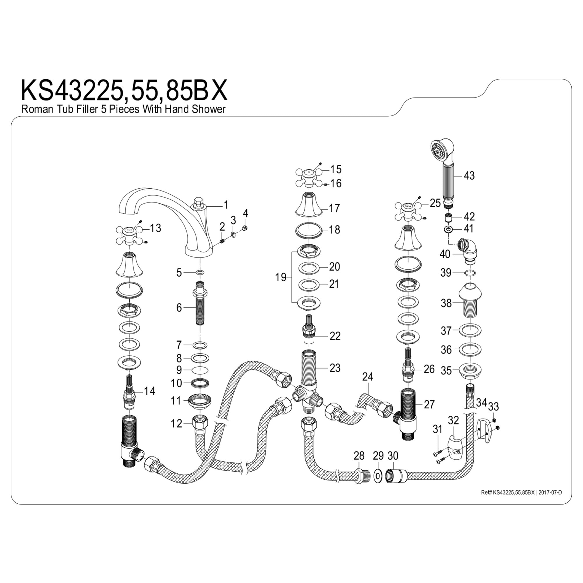 Kingston Brass KS43225BX Metropolitan 5-Piece Roman Tub Faucet with Hand Shower, Polished Brass
