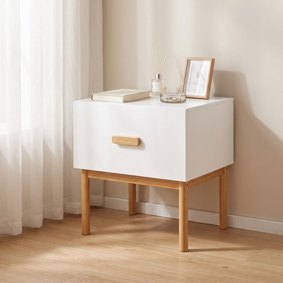 iooHug Modern White Nightstand with 1 Drawer, Wood Legs and Handle, Minimalist Bedside Table and End Table for Bedroom, Living Room and Apartment