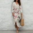 thumbnail image 4 of COEQINE Women's Midi Dress 3/4 Sleeve Wrap V-Neck Oriental Casual Sundress, Loose Fit Linen-Like Calf Length Tunic Dress for Women, Machine Washable, Size S, Ink Cat Peach Blossom, 4 of 6