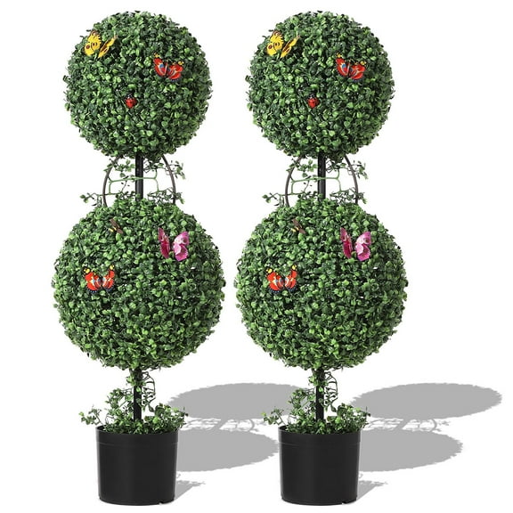 Ataucjin 2 Pack 3FT Artificial Double Ball Topiary Trees, Artificial Plants Outdoor with Vines & Insects Decoration, Topiary Trees for Home Offices Porch Decor