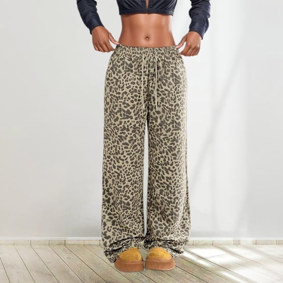 HOWPAY Leopard Print Pants for Women Casual Drawstring High Waist Wide Leg Loose Lounge Trousers with Pockets Comfy Baggy Sweatpants Khaki XL