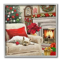 Stupell Industries Cozy Dog by Holiday Mantle Holiday Painting Gray Framed Art Print Wall Art, 12 x 12