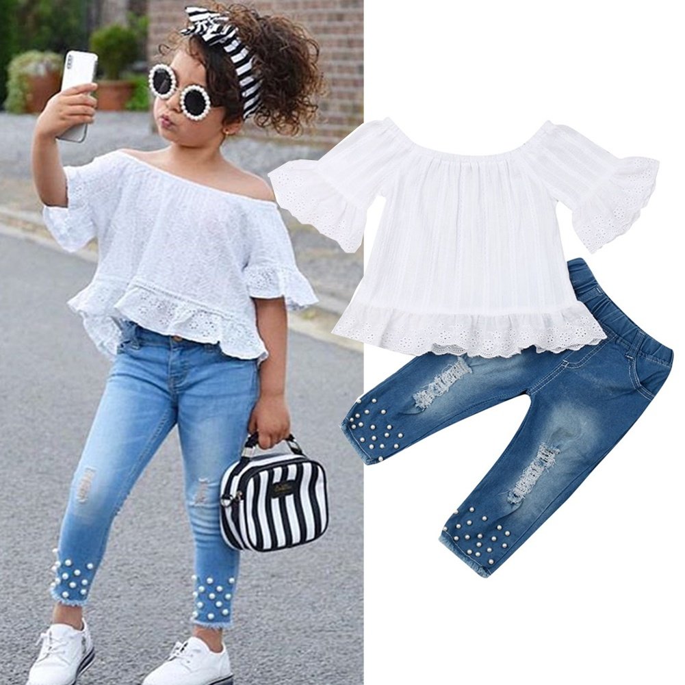 Summer Toddler Kids Baby Girl Off Shoulder Top Shirt Jeans Pants Outfits Clothes Set 2pcs Walmart Canada