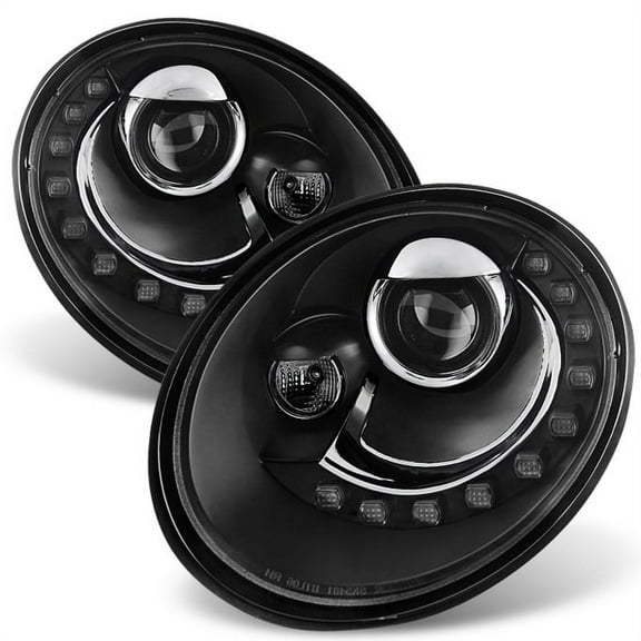 AKKON - For VW Beetle Black Bezel DRL Daylight LED Strip Projector Headlights Front Lamps Replacement