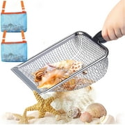 Beach 2Pcs Mesh Shovel with 2Pcs Mesh Beach Bags for Picking up Shells, Kids Filter Sand Scooper for Shell Collecting, Shark Tooth Sifter Dipper for Boys and Girls, Beach Toy