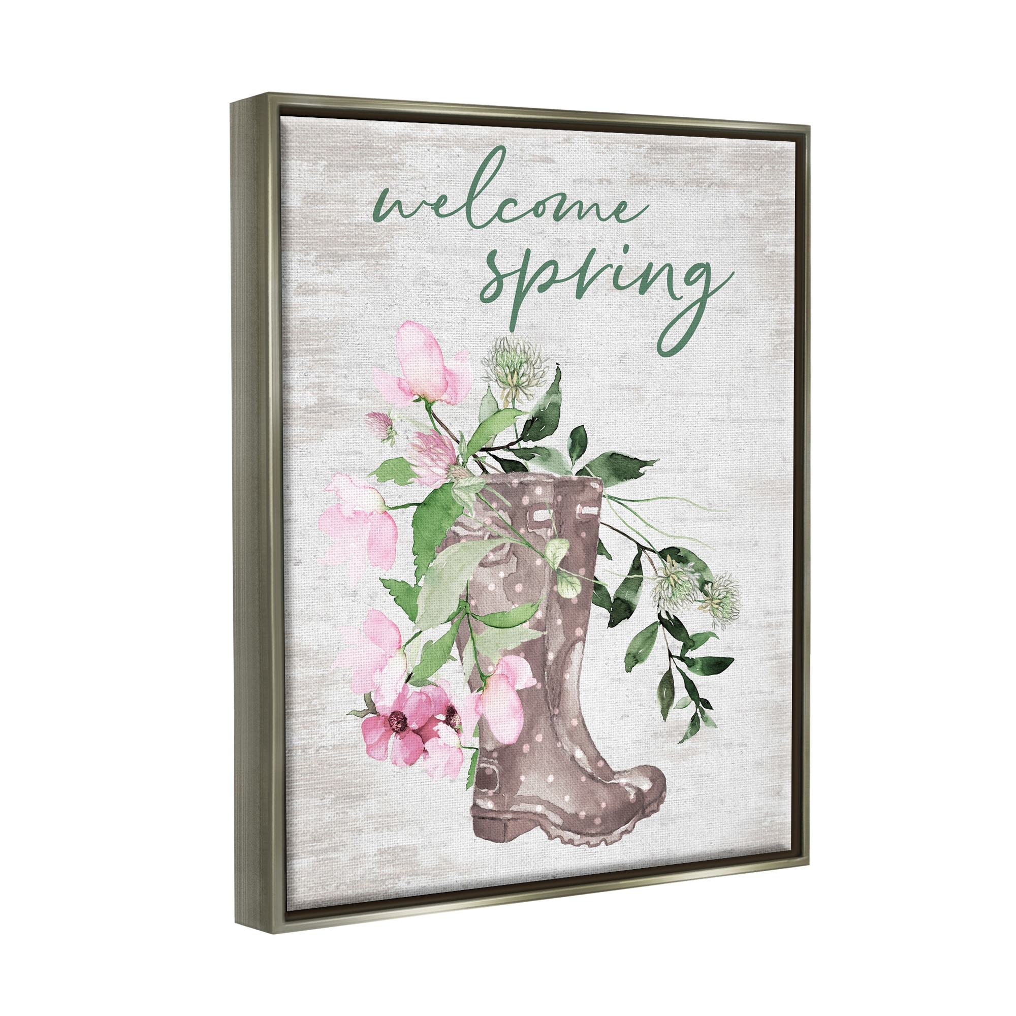 Welcome Spring Seasonal Rain Boots Flower Arrangement Gray Floating Frame Canvas Art, 17 x 21, Made In USA