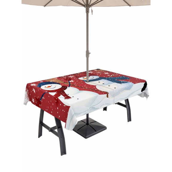 Outdoor Tablecloth with Umbrella Hole and Zipper, Merry Christmas Rectangle Table Cloth 60x84 Inch Waterproof Tablecloth, Xmas Snowman Snowflake Winter Holiday Picnic Table Cover for Patio Camping