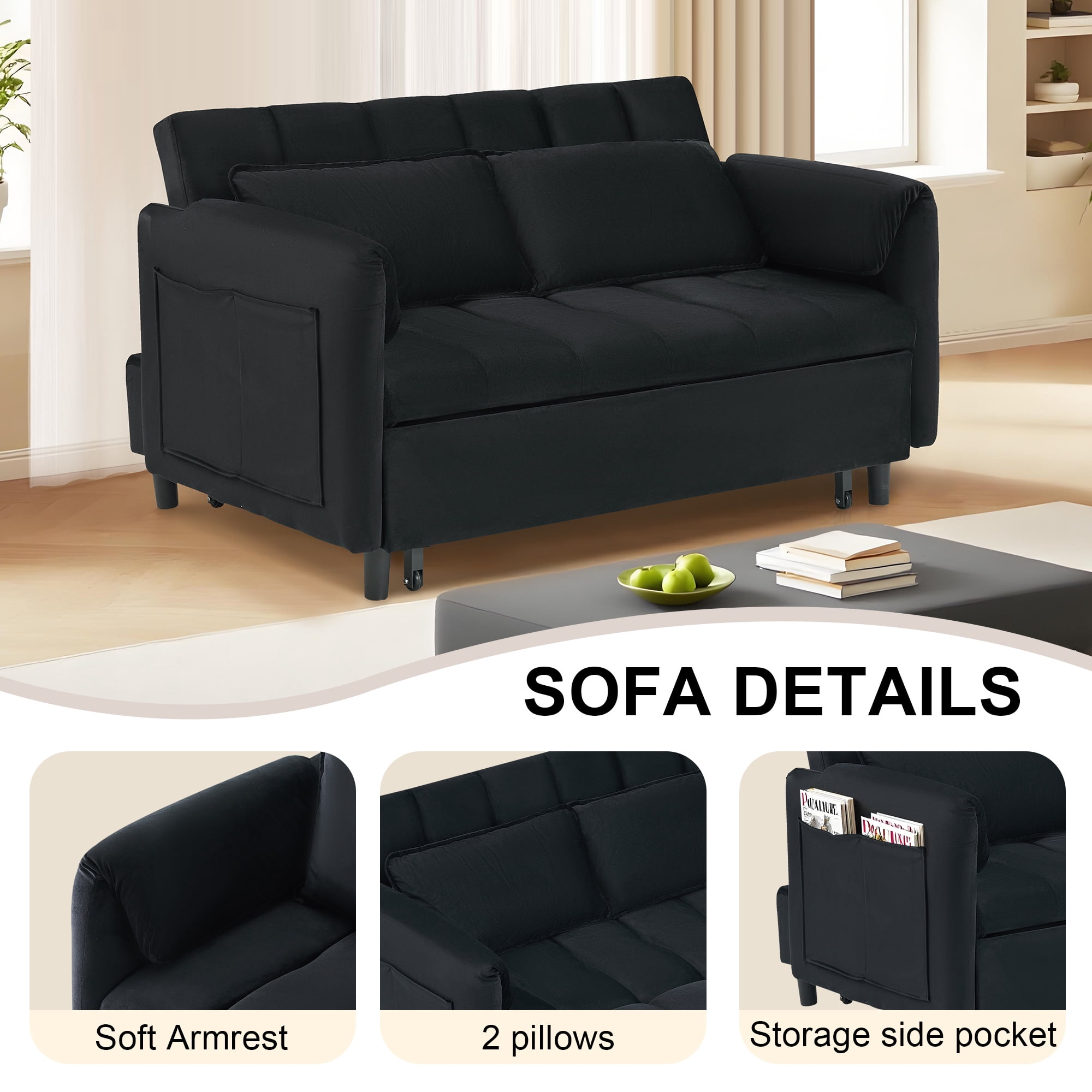 BedLuxury 53" Velvet Convertible Futon Sofa Bed, 3-in-1 Loveseat Sleeper Sofa with Pull Out Bed & Adjustable Backrest for Living Room or Office, Black