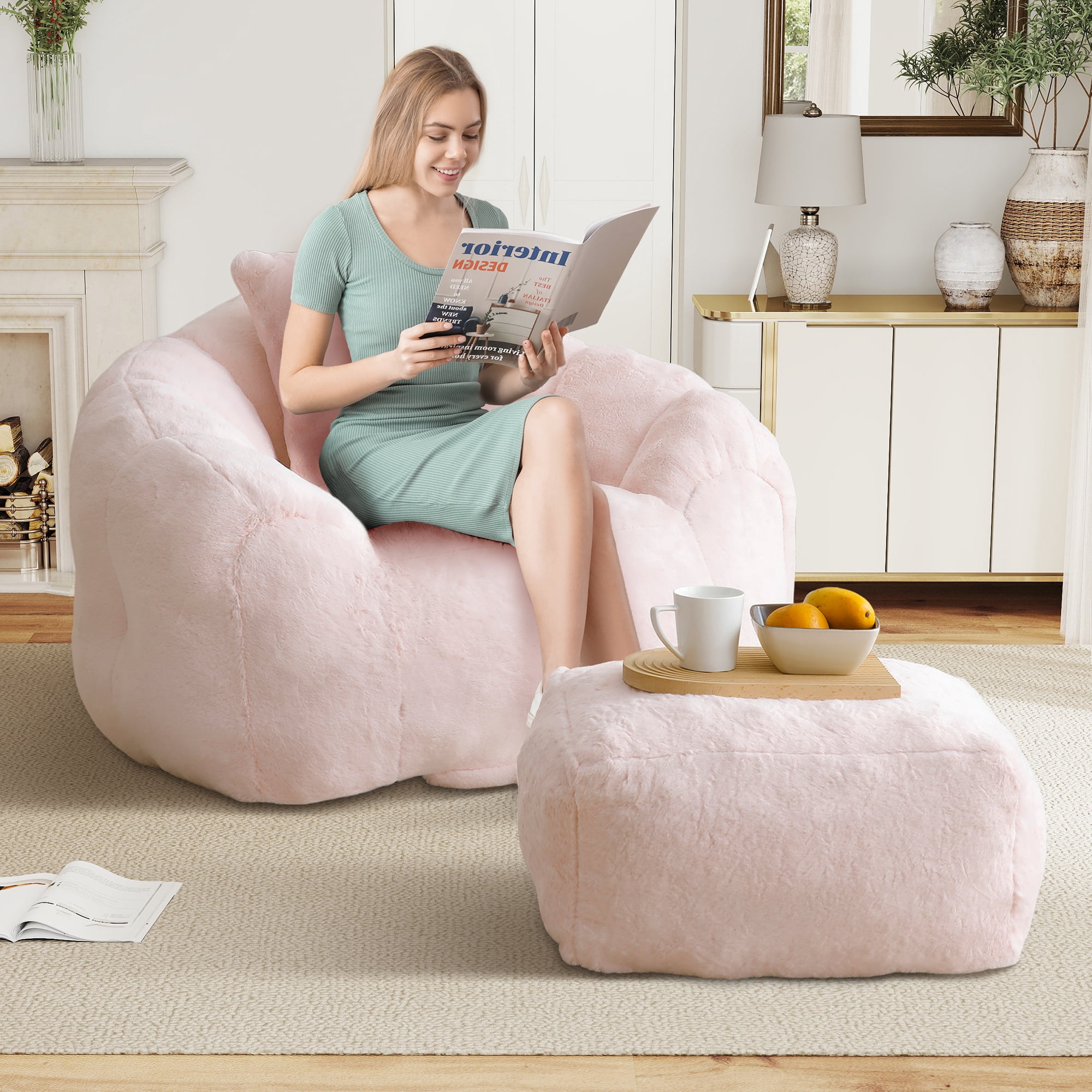 Aukfa Giant Bean Bag Chair,Lounge Chair Floor Lazy Sofa Bed with Ottoman & Pillow,Pink