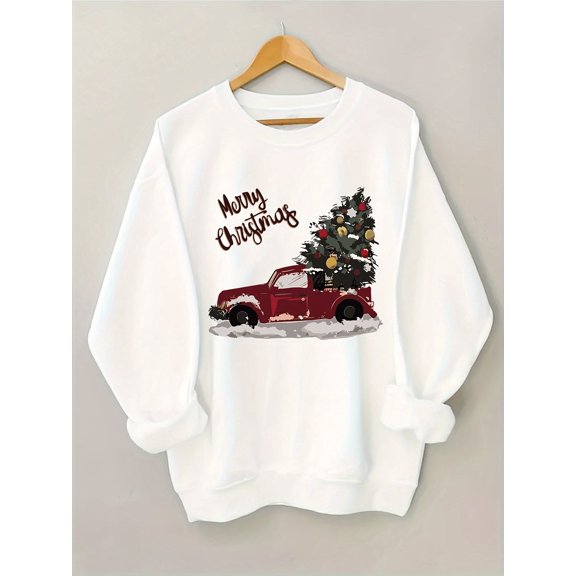 Women's Christmas Graphic Sweatshirt - Festive Red Truck & Tree Design with "Merry Christmas" Script, Soft Green Casual Pullover, Machine Washable Round Neck Top for Holiday Season & Winter Wear