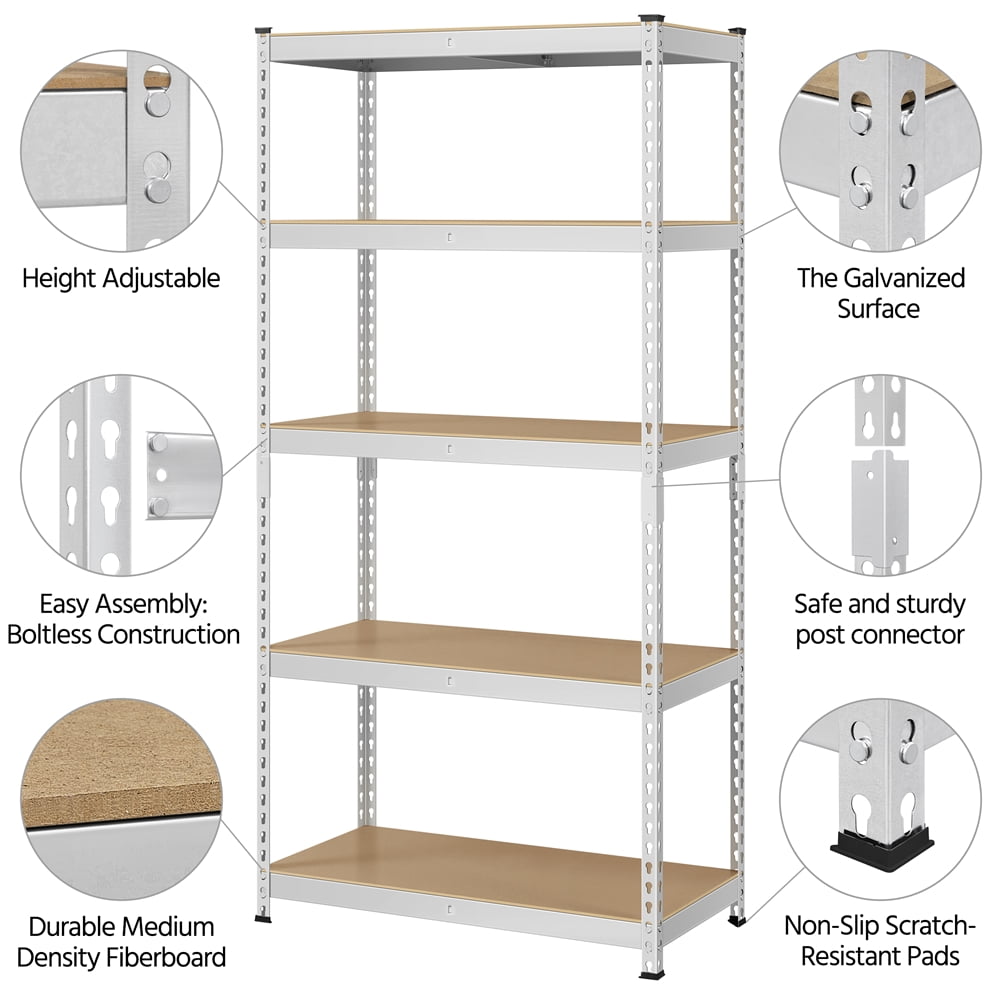 Yaheetech 5 Tiers Adjustable Metal Storage Shelving Heavy Duty Boltless Display Stand, Silver