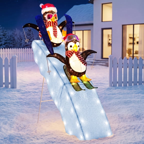 FOOWIN Lighted Christmas Penguin Slide Decoration, 4FT Outdoor Christmas Decoration Penguins with Snowy Slide