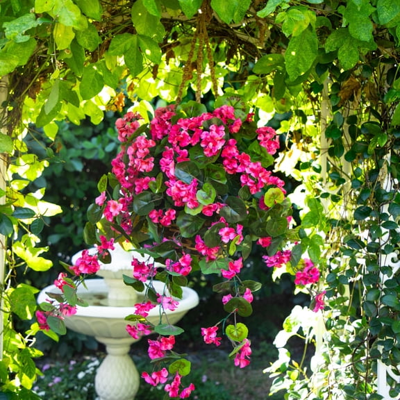 Nearly Natural UV Resistant Outdoor Artificial Geranium in Hanging Basket - 28" - Pink
