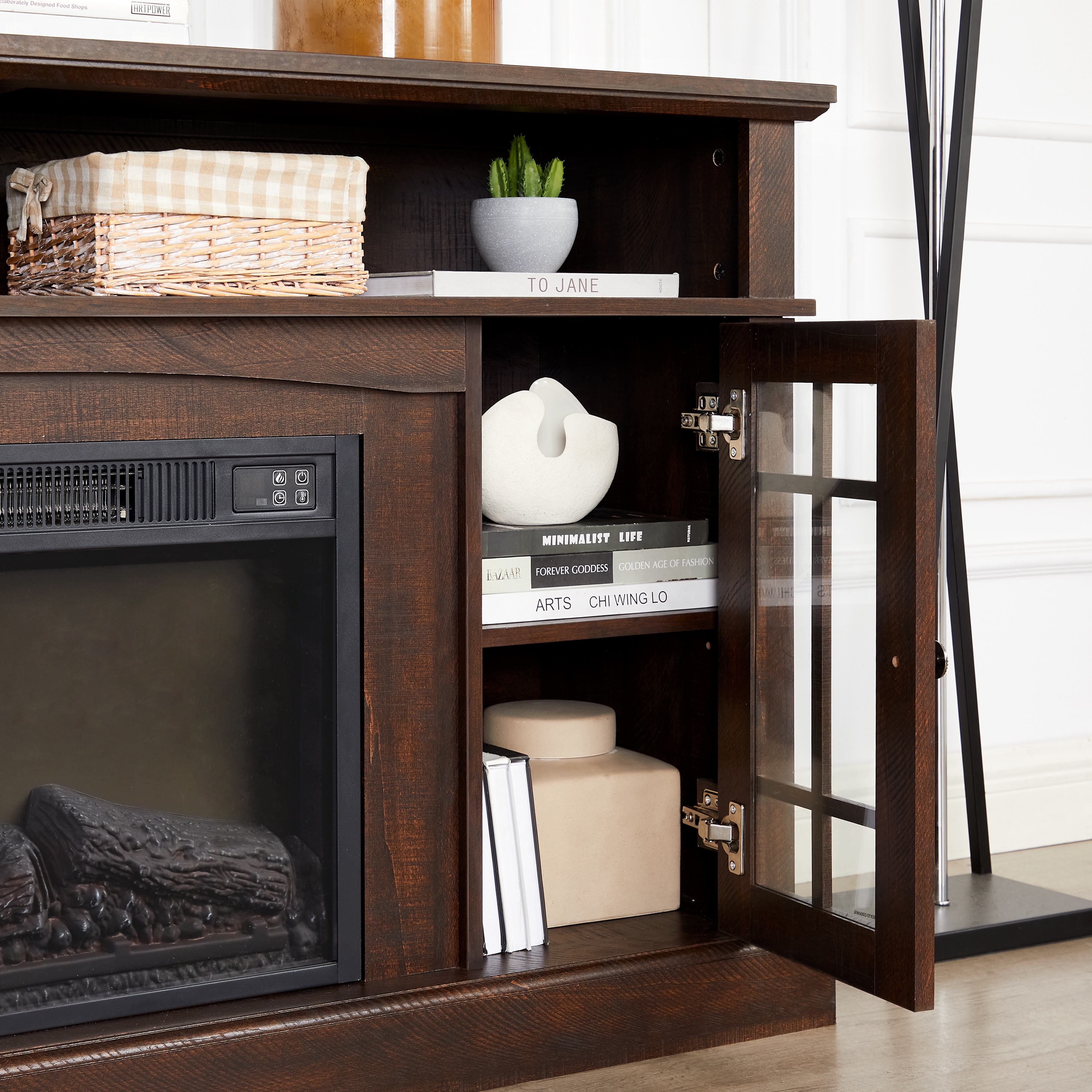 PAPROOS Fireplace TV Stand for 65 Inch TV, Modern Farmhouse TV Cabinet with 23'' Electric Fireplace, Entertainment Center Television Console Table for Living Room, Brown