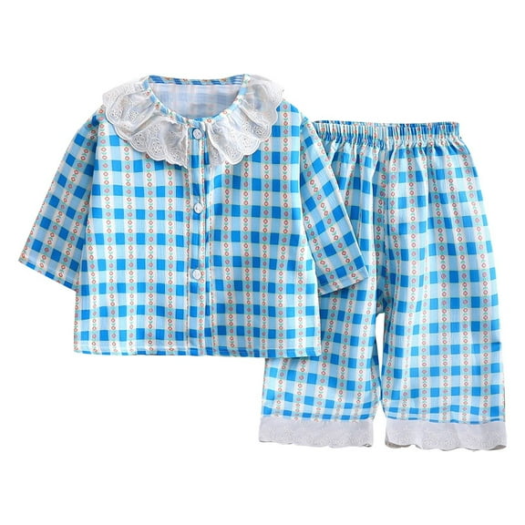 THDHVS Toddler Summer Outfits,Summer Casual Sets for Kids,Kid's Open Cedar Round Neck Top Elastic Waist Pants Air-conditioned Suit Set Blue 2-3 Years