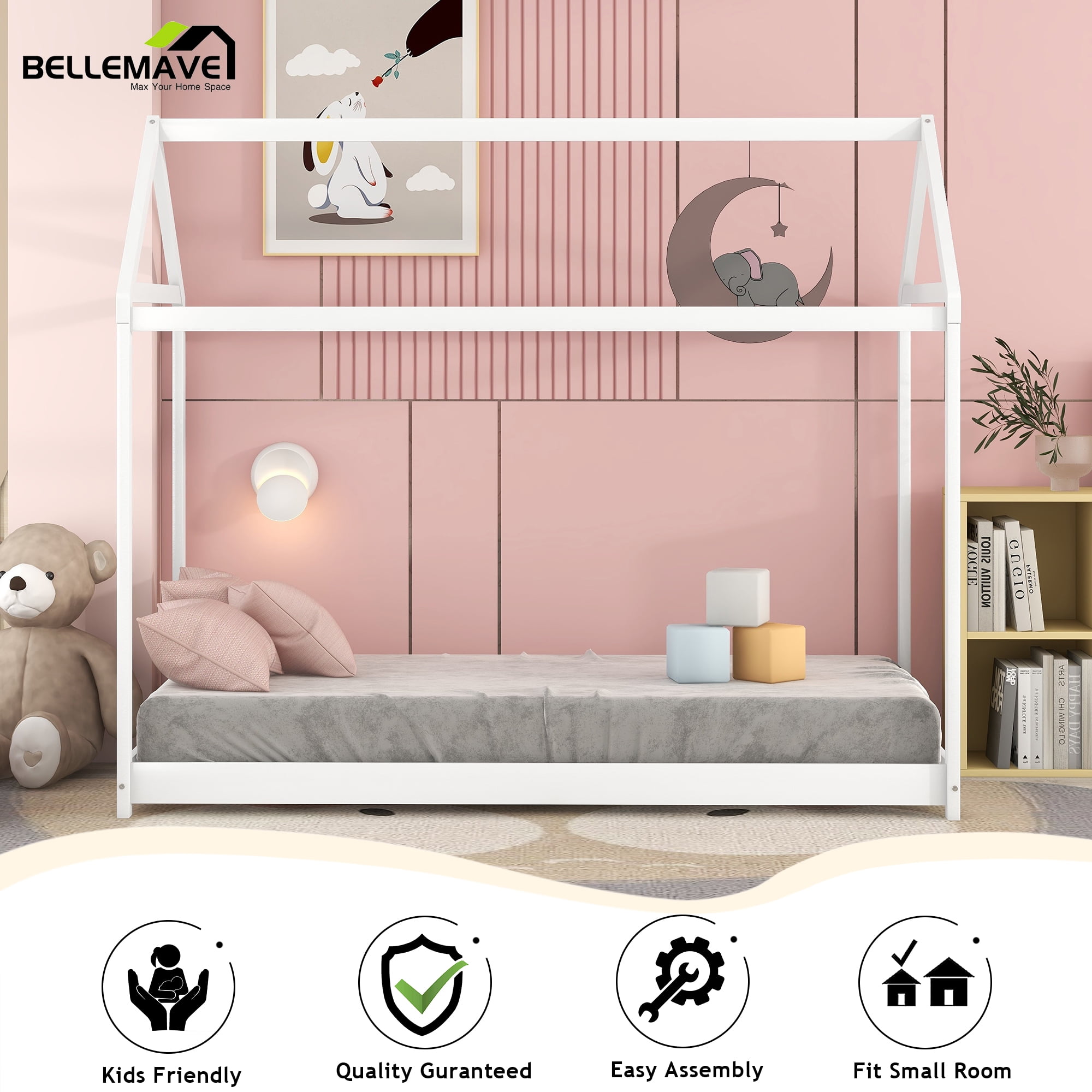 Bellemave Wood Twin Size  House Bed Frame, Montessori Floor Bed, No Box Spring Needed (White)