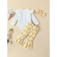 thumbnail image 3 of Seyurigaoka 2 Pcs Baby Girls Clothes Set Ruffle Trim Long Sleeve Buttons Round Neck Romper Flower Print Flared Pant with Headband for 0-24M Toddler Kids, 3 of 8