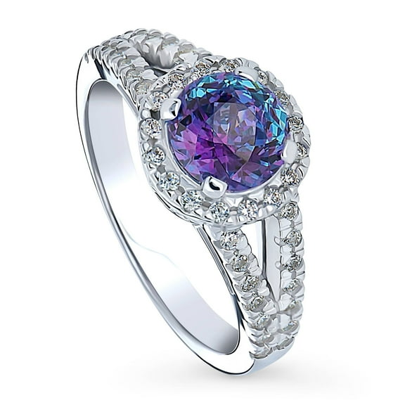 BERRICLE Sterling Silver Halo Purple Aqua Round Cut Cubic Zirconia CZ Kaleidoscope Cocktail Fashion Split Shank Ring for Women, Rhodium Plated Size 7