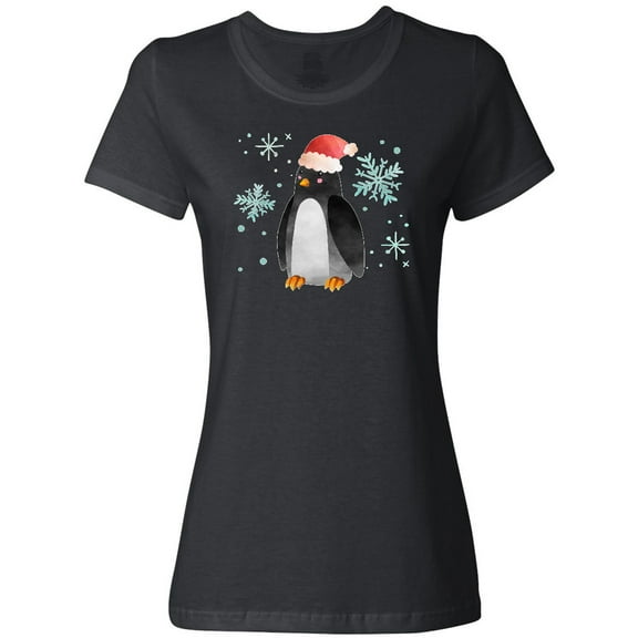 Inktastic Christmas Penguin in Red Santa Hat with Snowflakes Women's T-Shirt
