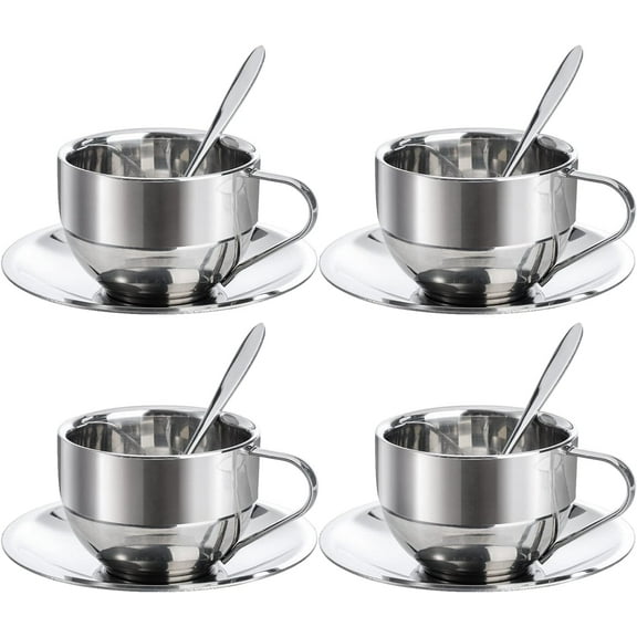 4 Pack Stainless Steel Coffee Cup Set, 6 Oz Coffee Mugs with Spoon and Saucer, Double Walled Espresso Cups Mugs for Coffee, Latte,Tea, Milk