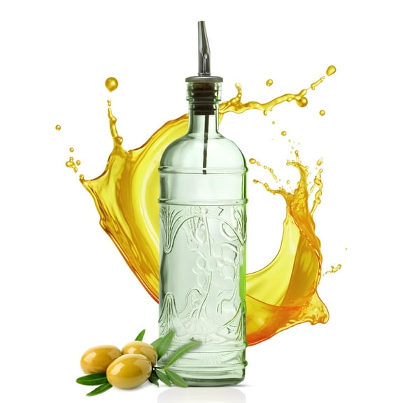 Couronne Co. Olive Leaf embossed Olive Oil Dispenser Bottle with Precision Spout, Clear Recycled Glass Oil and Vinegar Bottle for Kitchen and Countertop, 16 oz, 11’’ Tall