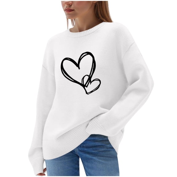qelini Sweaters for Women Plus Size Heart Print Crewneck Pullover Long Sleeve Blouses Casual Trendy Knitted Tops