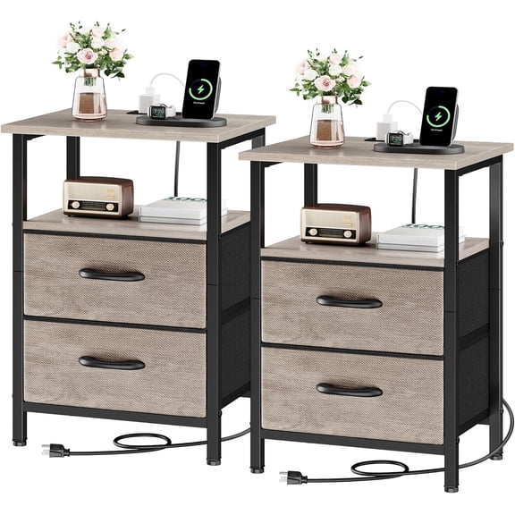 Set of 2 Greige Night Stands with Charging Station, Bedside Tables with USB Ports and Outlets, 24.2" Tall End Table with Open Shelf and 2 Fabric Drawers for Bedroom