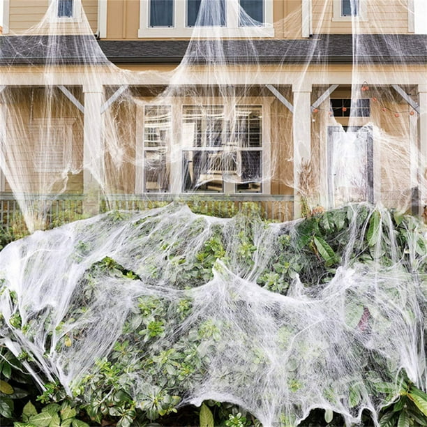 Decoraciones de Halloween de 50 Pies Cuadrados, Telaraña Elástica con Telarañas de Plástico Falsas, Decoración de Halloween para Exteriores.