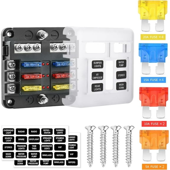 6-Slot Blade Fuse Block with LED Indicators - Waterproof 12V/24V Fuse Panel for Automotive, Marine & RV Applications - Individual Circuit Protection with Ground Busbar and Positive Terminal Cover